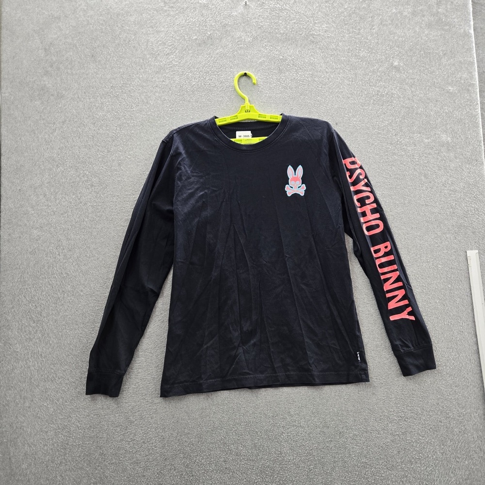 Psycho Bunny Men Shirt 5 Black Graphic Bunny Skull Logo Long Sleeve